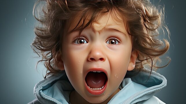 A small child screams and cries with his mouth open