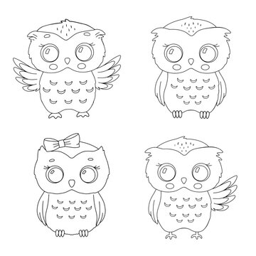 Cute little owl line set. Vector outline sketch for childish coloring book. Baby bird for kids