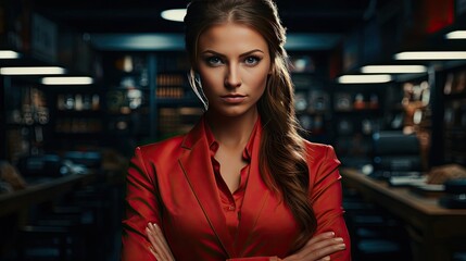 Beautiful woman businesswoman in a red suit. Concept business finance office work career and success - obrazy, fototapety, plakaty