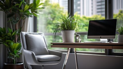 Grey living room office, monitor, chair vase of green plant in front of the window garden view