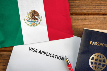 Visa application form, passport and flag of Mexico