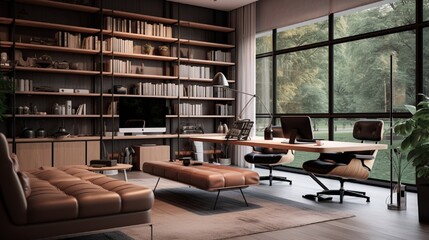 Image of living room with workplace with computer monitor on it and other modern furniture in the house