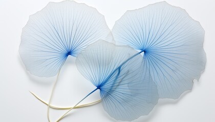 Ethereal white leaf delicately placed on serene blue background with mesmerizing bokeh accents