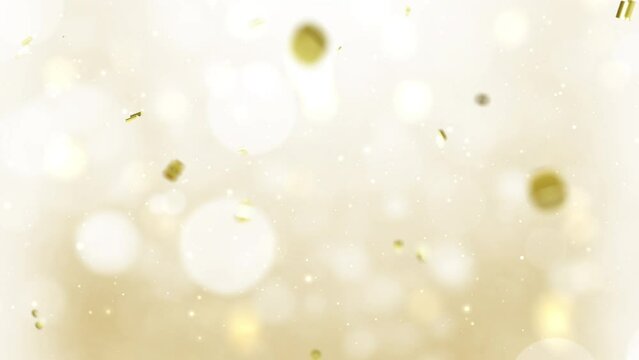 Gold confetti party glitter shimmer lights falling celebration event concept. Happy new year or Merry christmas greeting defocused abstract particles holiday festival on golden background.