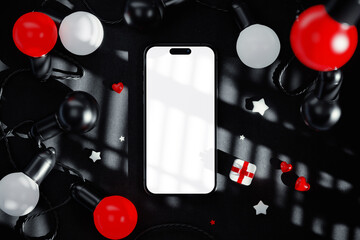 Phone screen with string lights bulbs black scene mockup. 3D rendering