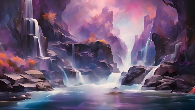 A shimmering ayst waterfall, cascading down a series of jagged rocks in a symphony of color and sound. The water itself takes on a violet hue as it crashes against the rocks, creating an