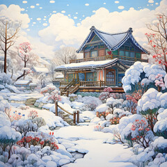 Japanese Palace in winter - Christmas Theme  - obrazy, fototapety, plakaty