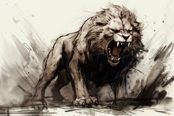 2D Grunge Aesthetic of a roaring Lion Pencil Sketch