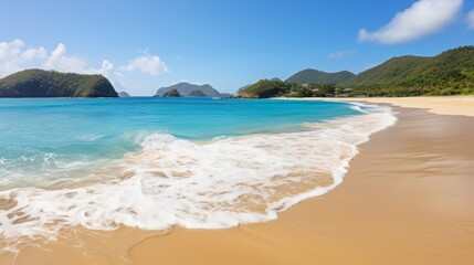 Fototapeta na wymiar Awe inspiring tropical summer beach golden sunlight, soft sand, and crystal clear ocean water