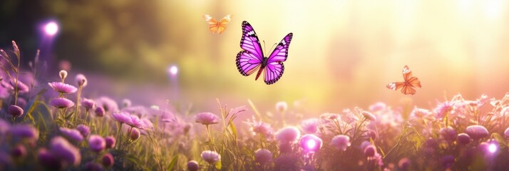 Graceful purple butterfly dancing amongst wild white violet flowers in natures canvas