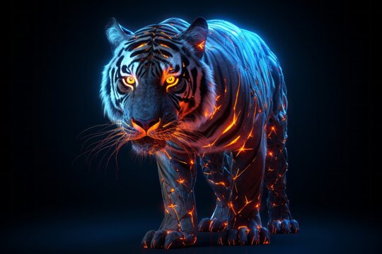 3D Render Tiger glowing in vivid neon Colors in the dark Background