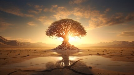 tree of life in the middle of a desert, copy space, 16:9