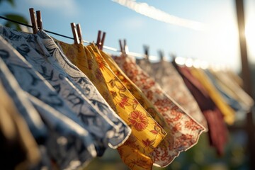 Laundry drying on the washing line in the garden in the sunshine - obrazy, fototapety, plakaty