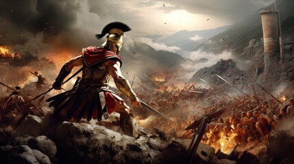 Naklejka premium spartan warrior fighting, copy space, 16:9
