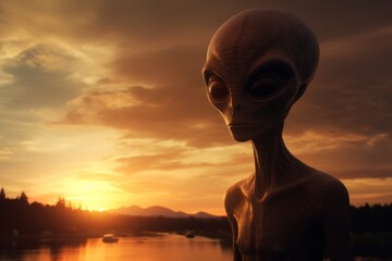 Portrait Photo of an Alien during Sunset extraterrestrial life form - obrazy, fototapety, plakaty