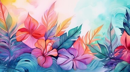 Fototapeta na wymiar abstract tropic background in watercolor style, copy space, 16:9