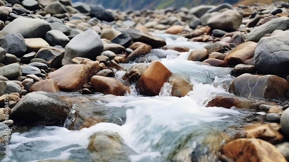 Poster streams of water between mountain stones in close-up. beautiful alpine river stream with fast runnin