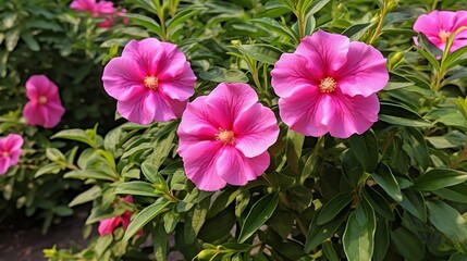 Close up of vibrant pink Cistus rambling rose type flower on lush green bush of green leaf background growing in organic garden floral bed in Summer day light : Generative AI