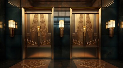 Dramatic golden elevators in fancy urban skyscraper building with relief sculptures and marble wall with lights and sconces : Generative AI - obrazy, fototapety, plakaty