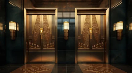 Fotobehang Dramatic golden elevators in fancy urban skyscraper building with relief sculptures and marble wall with lights and sconces : Generative AI © Generative AI