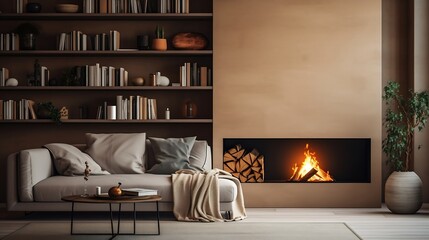 Modern stylish living room with large windows and beige sofa on the background of brown wall with fireplace, shelving with books and decor, and potted plants. Cozy chalet interior. Emp : Generative AI