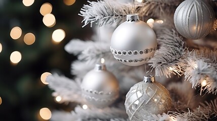 Fototapeta na wymiar Classic Christmas decorated New year tree. Christmas tree with wite and silver decorations, ornaments toy and ball. Modern classical style interior design apartment. Christmas eve at h : Generative AI