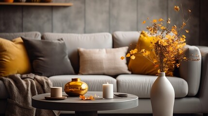 Interior of light living room with grey sofa, table and autumn decor : Generative AI