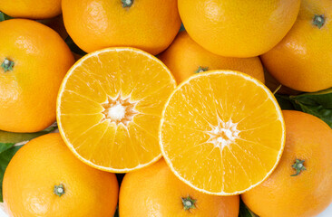 Close up, Fresh Orange fruit on white background, Japanese Ehime Orange with slices isolate on white background.