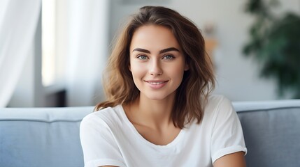 Young minded happy woman 20s wears white tank shirt look aside sit on blue sofa couch stay at home hotel flat rest relax spend free spare time in living room indoors grey wall. People  : Generative AI - obrazy, fototapety, plakaty
