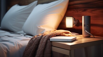 Close-up fragment of bedroom with empty bedside table, reading lamp and a USB socket in modern interior​ design home or hotel. Soft pillow and blanket, stylish comfortable furniture. S : Generative AI - obrazy, fototapety, plakaty