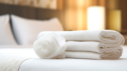 Fototapeta na wymiar Clean towels on bed at hotel room. Bed maid-up with clean white pillows and bed sheets in beauty bedroom. Close-up. interior background. Towel in Hotel Room , Welcome guests , Room ser : Generative AI
