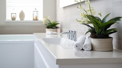 Fototapeta na wymiar Modern bathroom with white cabinets and bathtub : Generative AI