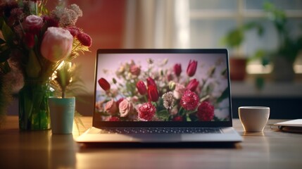 laptop and flowers on the table in a modern office