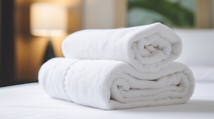 Close up and selective focus white towels on white bed at hotel : Generative AI