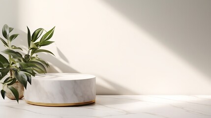Luxury marble table with plant shadow on white wall and stone podium for product placement display. Trendy neutral aesthetic mockup template for beauty and cosmetics scene. : Generative AI