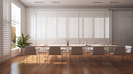 Meeting room with white curtain, shutters, blind, roller