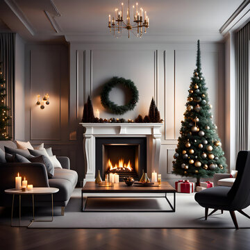 Luxury, stylish and modern living room with fireplace and Christmas tree