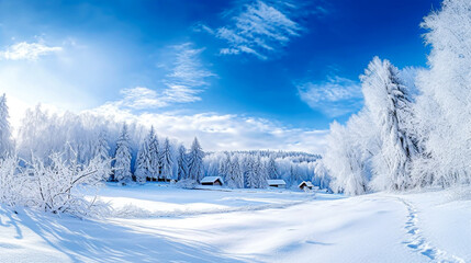 Obraz premium Blurred beautiful winter landscape with snow covered trees and blue sky. Panorama. Selective focus