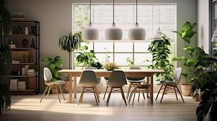 Stylish and botany interior of dining room with design craft wooden table, chairs, a lof of plants, window, poster map and elegant accessories in modern home decor. Template