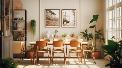 Fototapeta na wymiar Stylish and botany interior of dining room with design craft wooden table, chairs, a lof of plants, window, poster map and elegant accessories in modern home decor. Template.