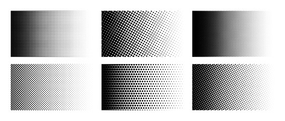 Set of horizontal halftone gradient backgrounds. Cartoon dots texture wallpaper. Black and white comic design cover pack for banner, poster, print. Pop art vector illustration bundle