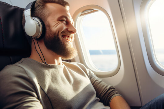 Happy man sleeps on seat, headphones in his ears to listen music. Concept travel by airplane.