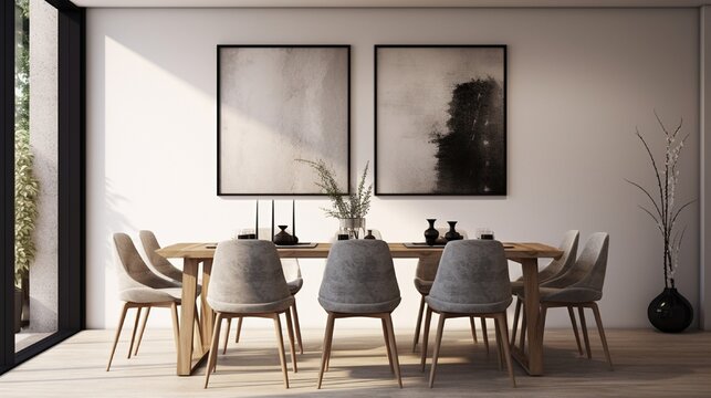 Stylish dining room interior with design wooden family table, black chairs, teapot with mug, mock up art paintings on the wall and elegant accessories in modern home decor