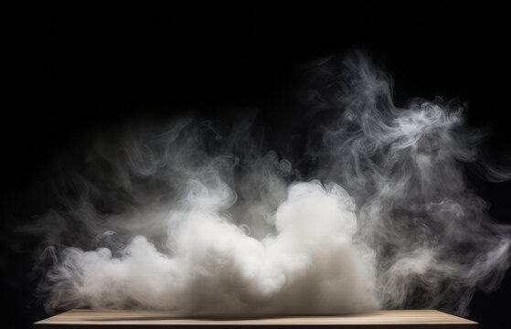 Smoke rising from a wooden table on a black background, creating a haunting atmosphere with atmospheric installations and a soft-edged, detailed, lively tableaus, minimalist staging.