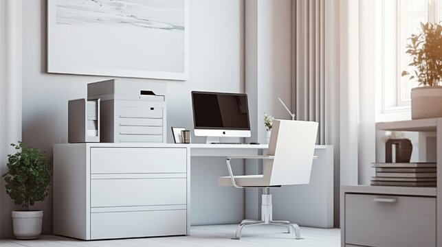 White table and chair with computer monitor and modern file cabinet in white home office interior