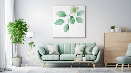 A chic living room with a mint sofa imitation poster frame furniture plants decor and stylish personal accessories a shelf and green wood paneling modern interior design Template
