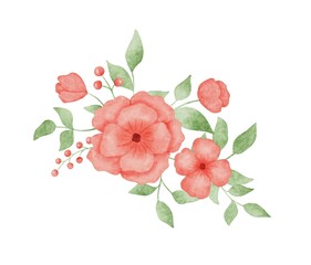 Flowers and leaves watercolor illustration isolated on white. Pink floral bouquet. Hand drawn abstract flowers