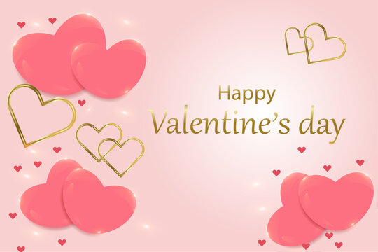 Happy Valentine's Day banner.Vector illustration with pink and gold hearts, sparkles on a pink background. Greeting background with abstract composition for Valentine's Day.