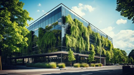 Obraz premium Modern office building with green leaves. Architectural detail of modern office building