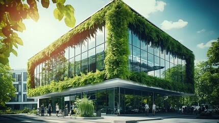 Modern office building with green leaves. Architectural detail of modern office building - obrazy, fototapety, plakaty